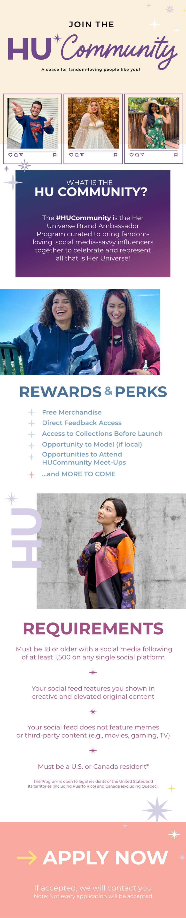Her Universe HU Community promotional flyer with influencer photos, rewards and requirements, and “Apply Now”.