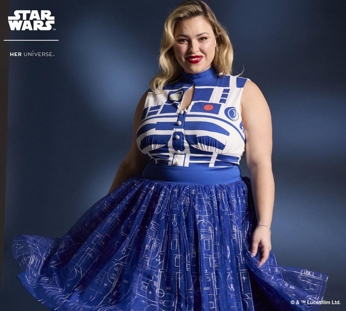 Woman wearing star wars r2-d2 dress