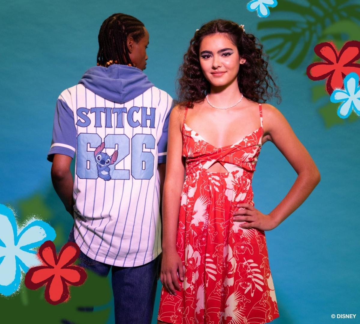 Man wearing lilo and stitch baseball jersey hoodie and woman wearing red dress