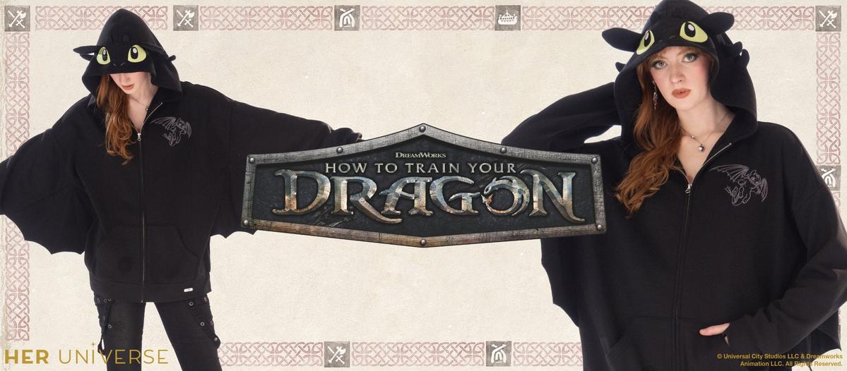 Woman wearing a black how to train your dragon hoodie