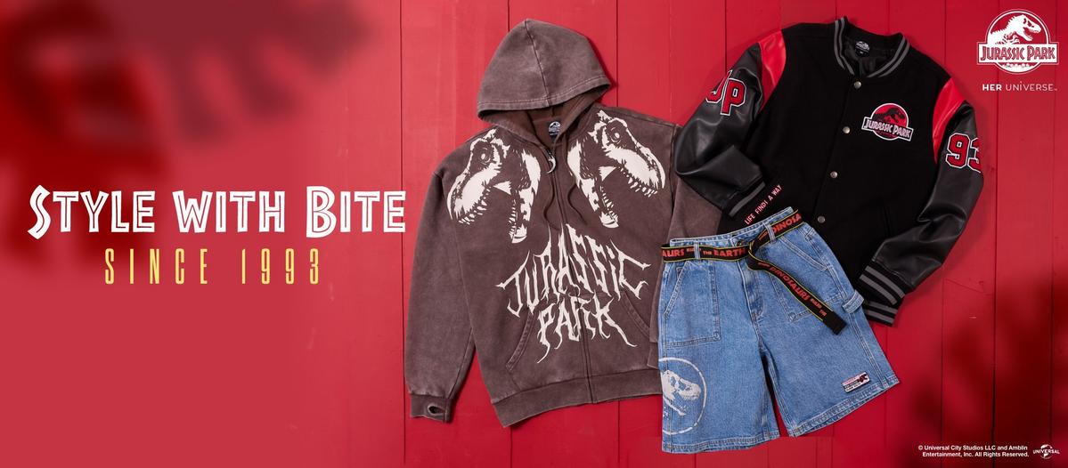 Jurassic Park hoodie, varsity jacket and shorts