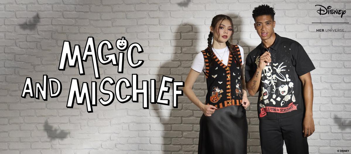 Disney Halloween sweater vest and button-up shirt on model
