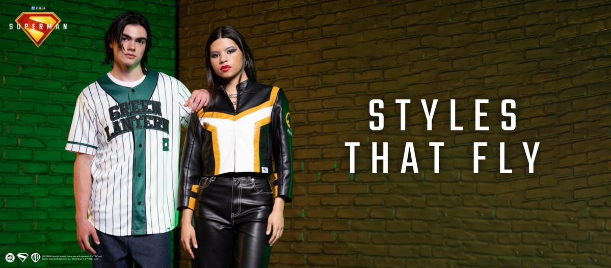 Man wearing Green Lantern baseball jersey and woman wearing Hawkeye inspired jacket