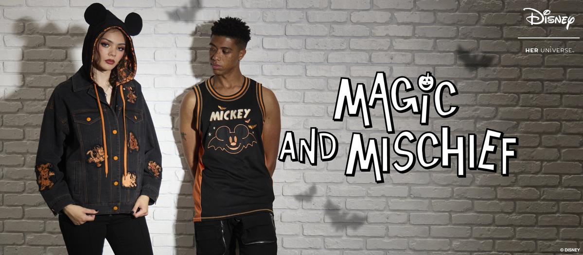 Disney Halloween denim hoodie and basketball jersey on model