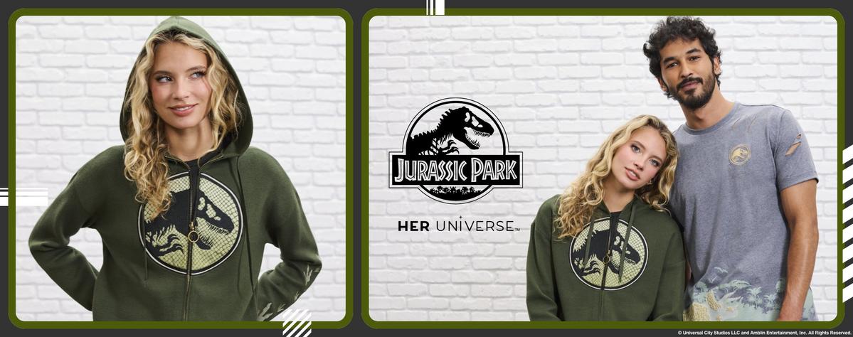 Jurassic Park hoodie and t-shirt on model