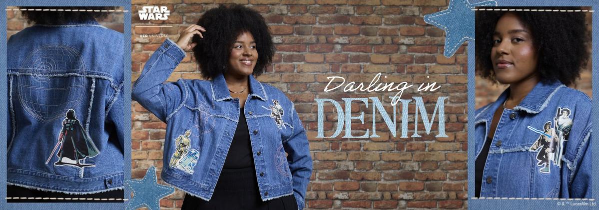 Woman wearing a Star Wars denim jacket