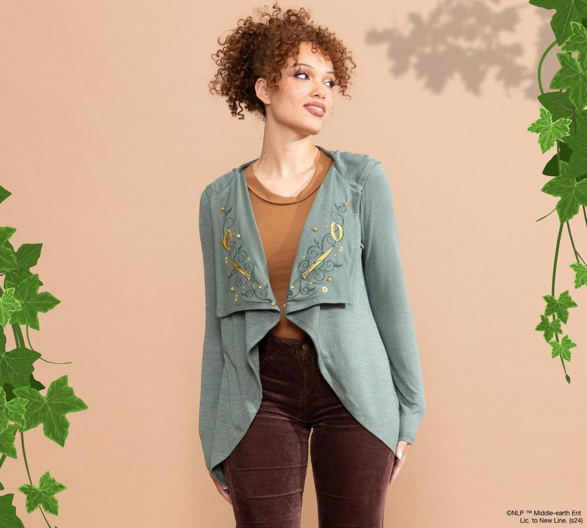 Women wearing a green cardigan. Shop The Lord of the Rings