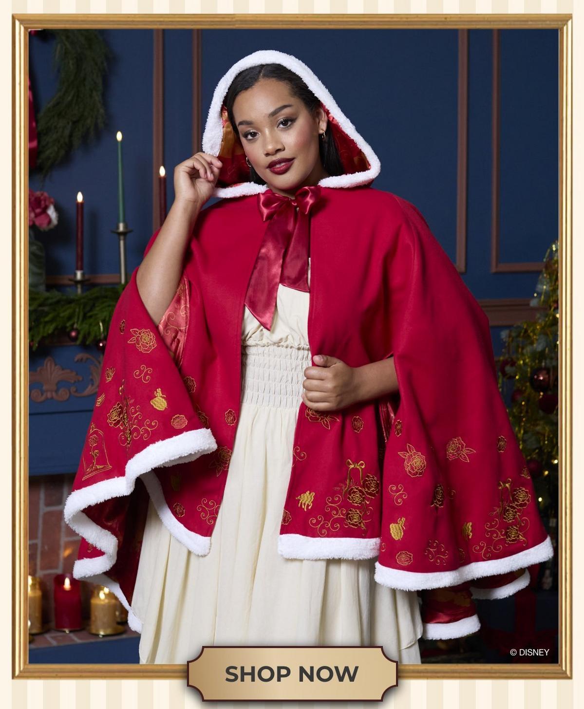 Woman wearing a red cape. Shop retro fashion