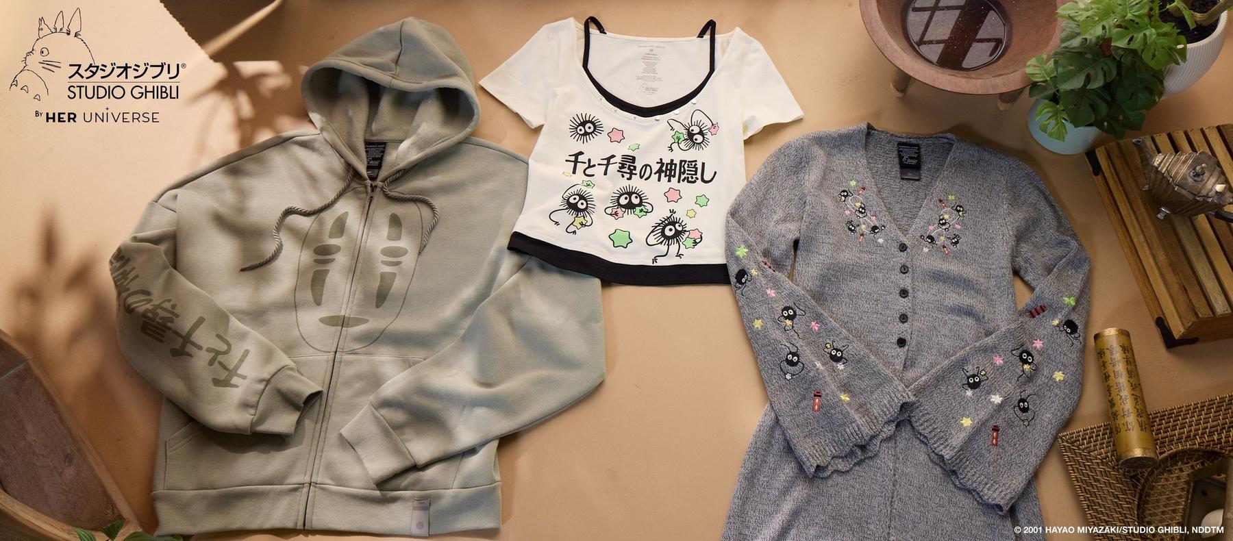 Studio Ghibli hoodie, graphic tee, and embroidered cardigan laid flat. Shop Studio Ghibli.