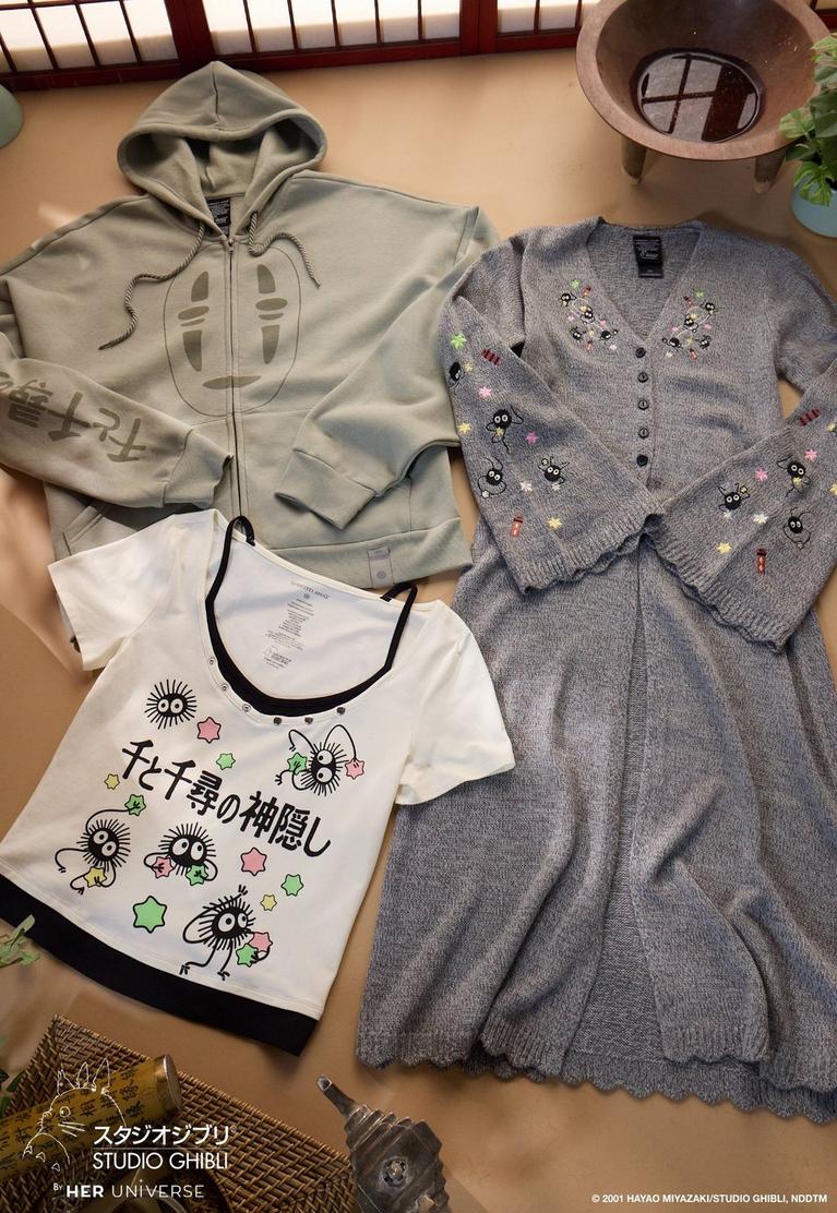 Studio Ghibli hoodie, graphic T-shirt, and embroidered knit cardigan laid flat. Shop Studio Ghibli.