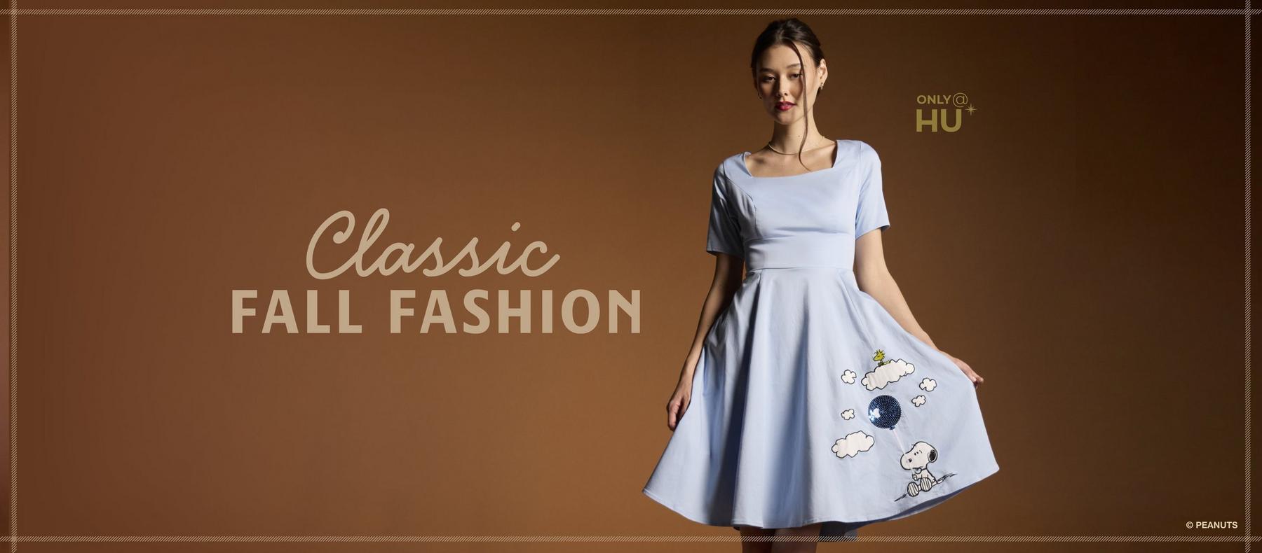 Model wearing a light blue dress with Snoopy print and “Classic Fall Fashion” text. Shop now.