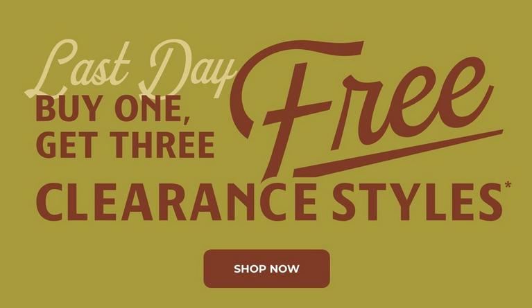 Promotional banner reads “Last Day Free, Buy One Get Three Clearance Styles*”. Shop now.