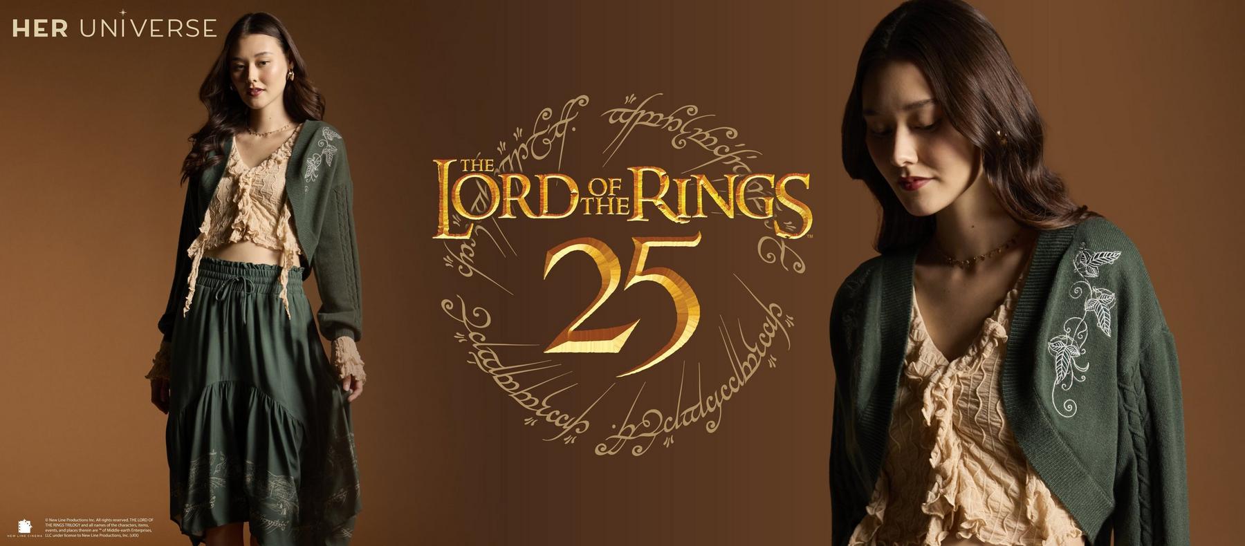 Her Universe Lord of the Rings 25 graphic with model wearing green cardigan and skirt. Shop now.