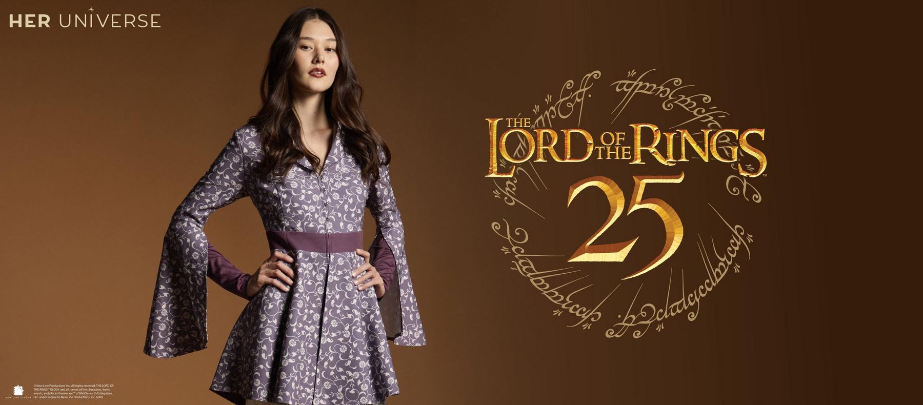 Her Universe model wearing floral dress with belt and flared sleeves, Lord of the Rings 25 logo. Shop now.