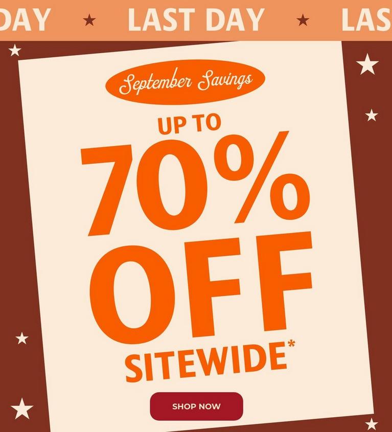 Promotional graphic reading “September Savings” and “Up to 70% off sitewide*”. Shop now.
