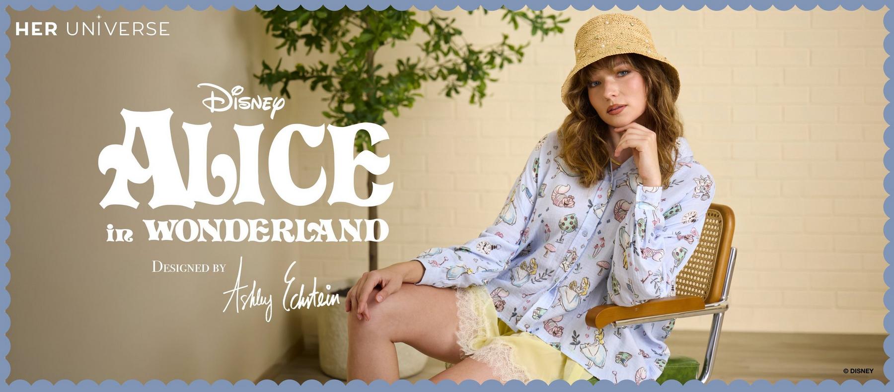 Her Universe Disney Alice in Wonderland print button-up shirt styled with a straw hat and skirt. Shop Alice in Wonderland collection.