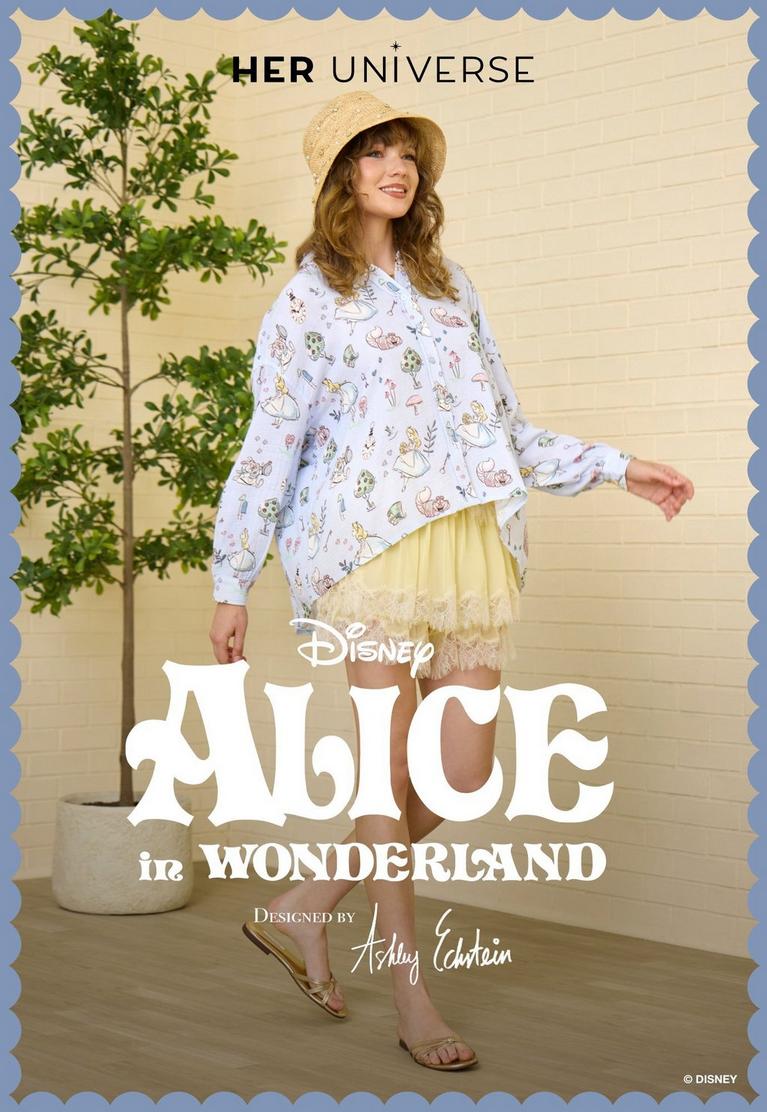 Her Universe Disney Alice in Wonderland print button-up shirt styled with a straw hat and skirt. Shop Alice in Wonderland collection.