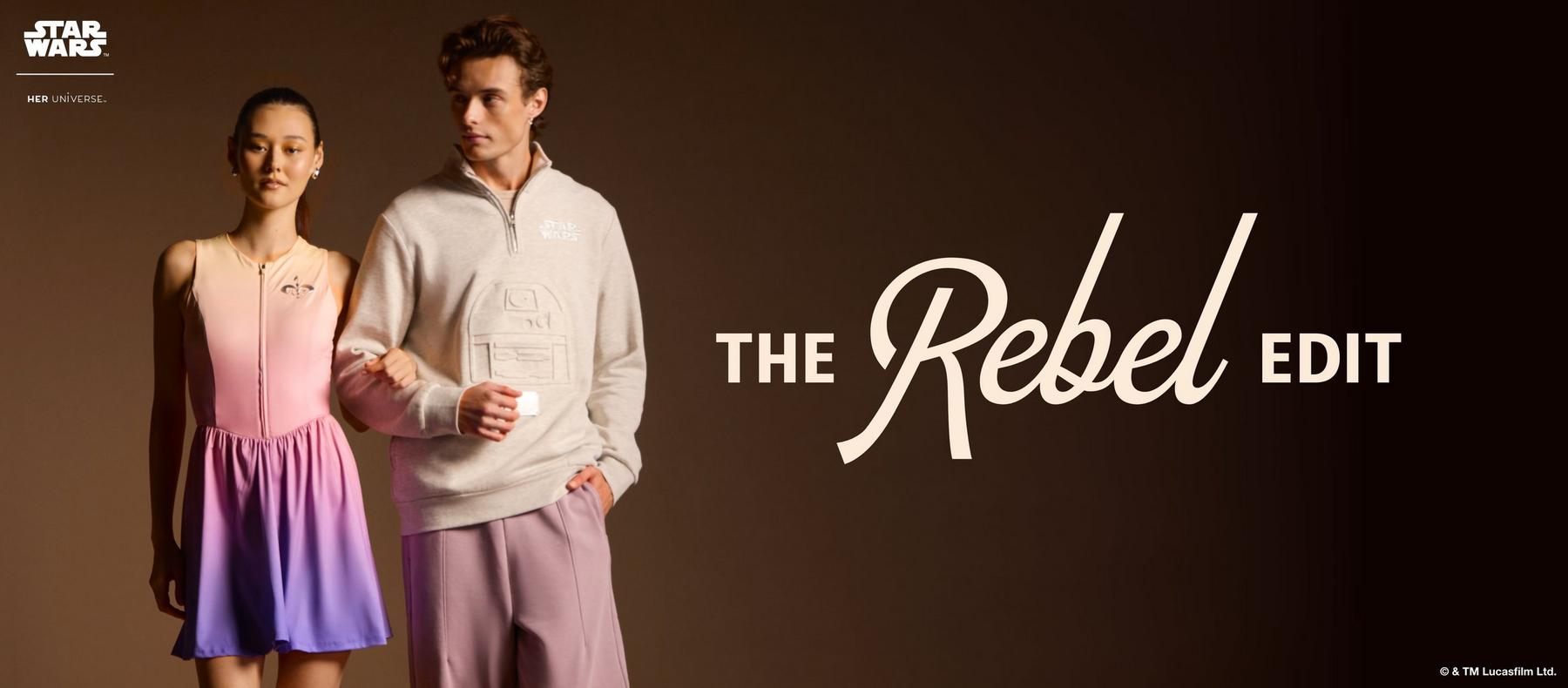 Two models wear Star Wars Her Universe apparel beside text reading “THE Rebel EDIT”. Shop Star Wars.