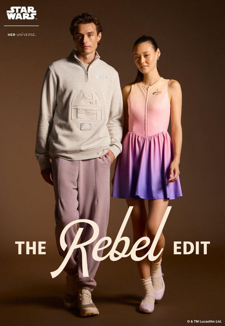 Models wearing Star Wars pullover and ombre zip-front dress from Her Universe Rebel Edit. Shop Star Wars.
