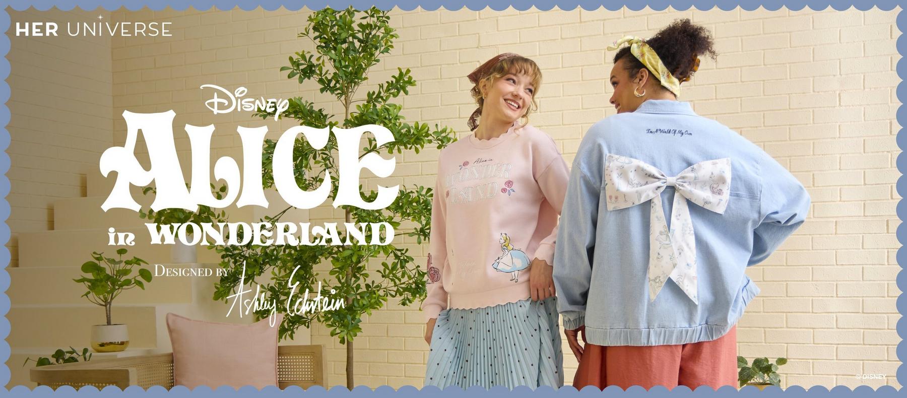 Two models wearing Disney Alice in Wonderland Her Universe sweatshirts and a jacket with bow detail.  Shop Alice in Wonderland collection.