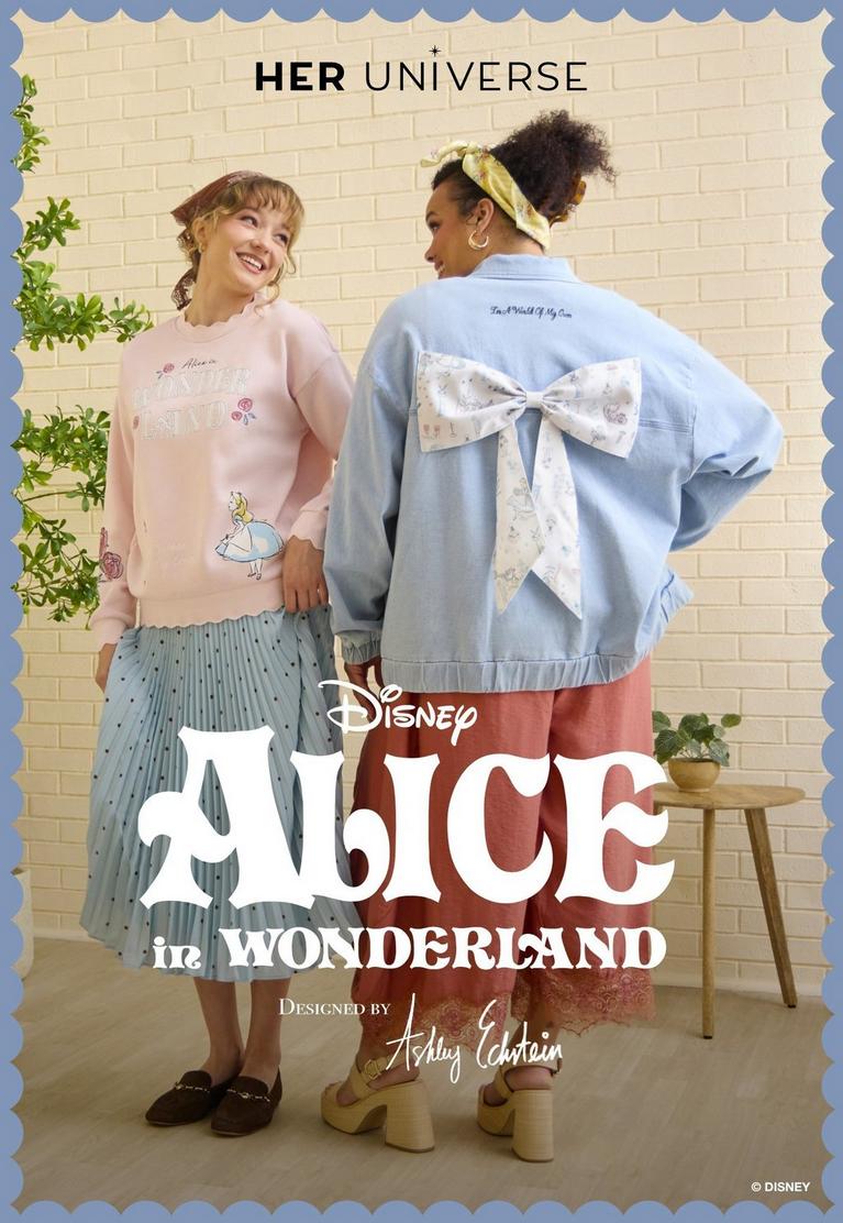 Her Universe Disney Alice in Wonderland apparel on two models, one wearing a sweatshirt, one a bow jacket. Shop Alice in Wonderland collection.
