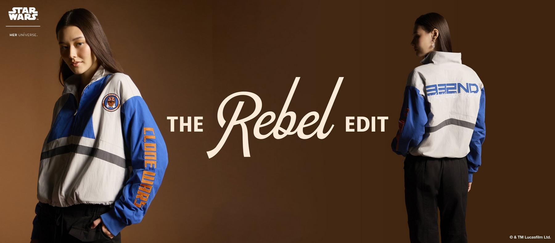 Model wearing Star Wars jacket, showing front and back views with “Legends” and “The Rebel Edit” text. Shop Star Wars.