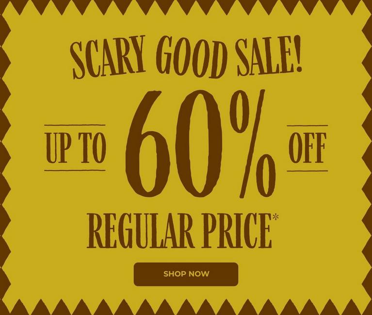 Promotional graphic reading “SCARY GOOD SALE! Up to 60% off regular price” with “Shop Now” button.
