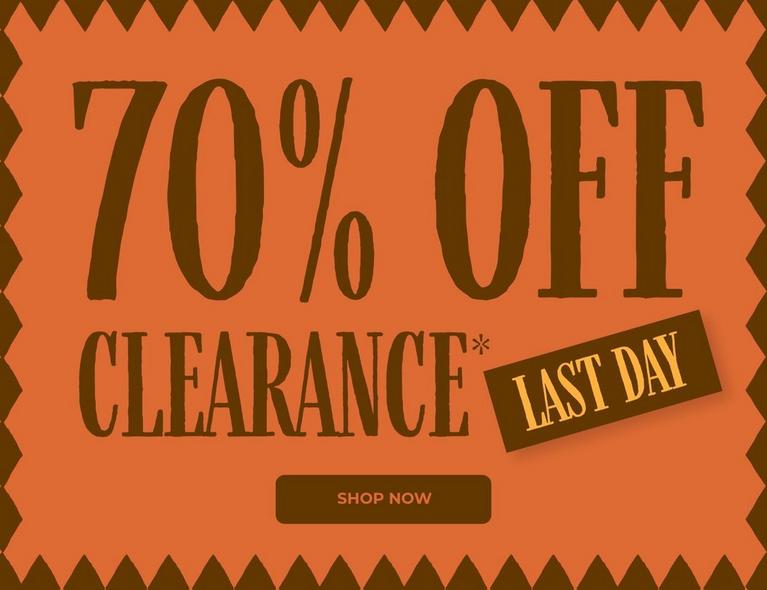 Promotional graphic reading “70% OFF CLEARANCE*” with “LAST DAY” and “SHOP NOW” button.