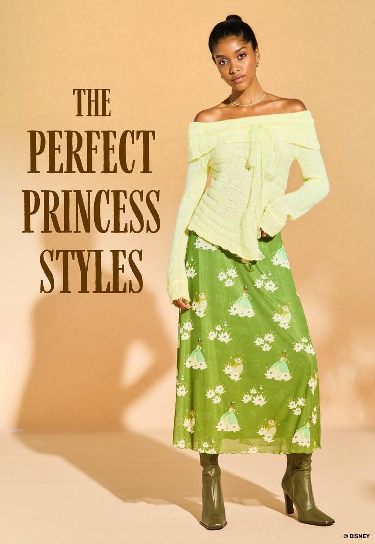 Model wearing off-shoulder yellow sweater and green princess-print skirt, text “THE PERFECT PRINCESS STYLES.” Shop Disney princess.