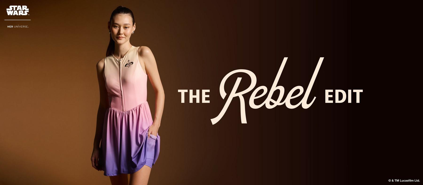 Model wearing a pink-to-purple dress with Star Wars and Her Universe logos and “The Rebel Edit” text. Shop Star Wars.
