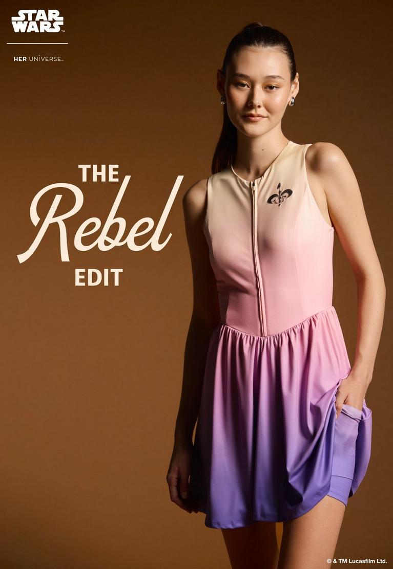 Model wearing Star Wars “THE Rebel EDIT” ombre zip-front sleeveless dress with chest emblem. Shop Star Wars.