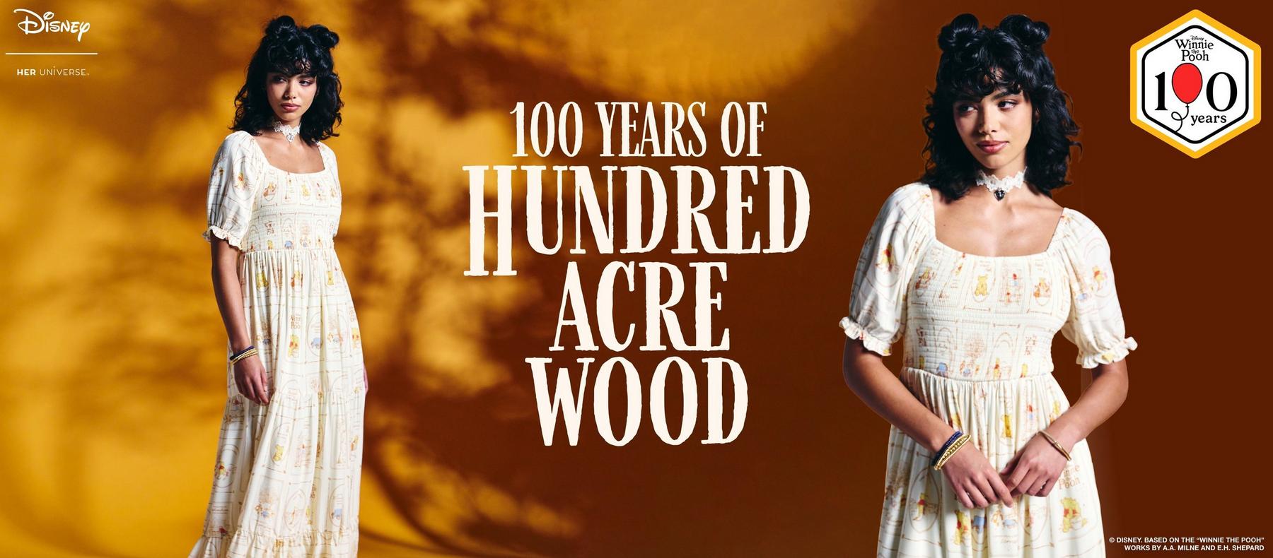 Disney Her Universe Hundred Acre Wood dress shown on model, with “100 Years of Hundred Acre Wood” text. Shop Winnie the Pooh.