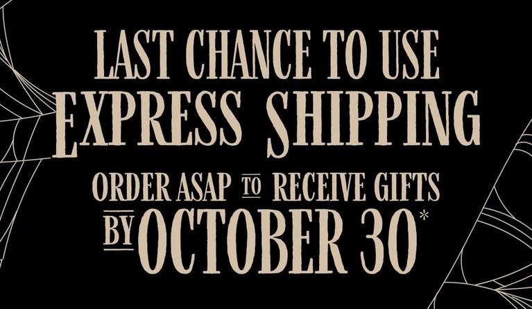 Text graphic: “Last chance to use express shipping. Order ASAP to receive gifts by October 30*.”.