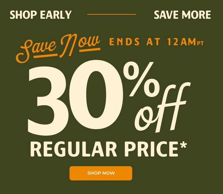 Promo text: “Save Now” 30% off regular price, ends at 12AM PT, “Shop Now” button.