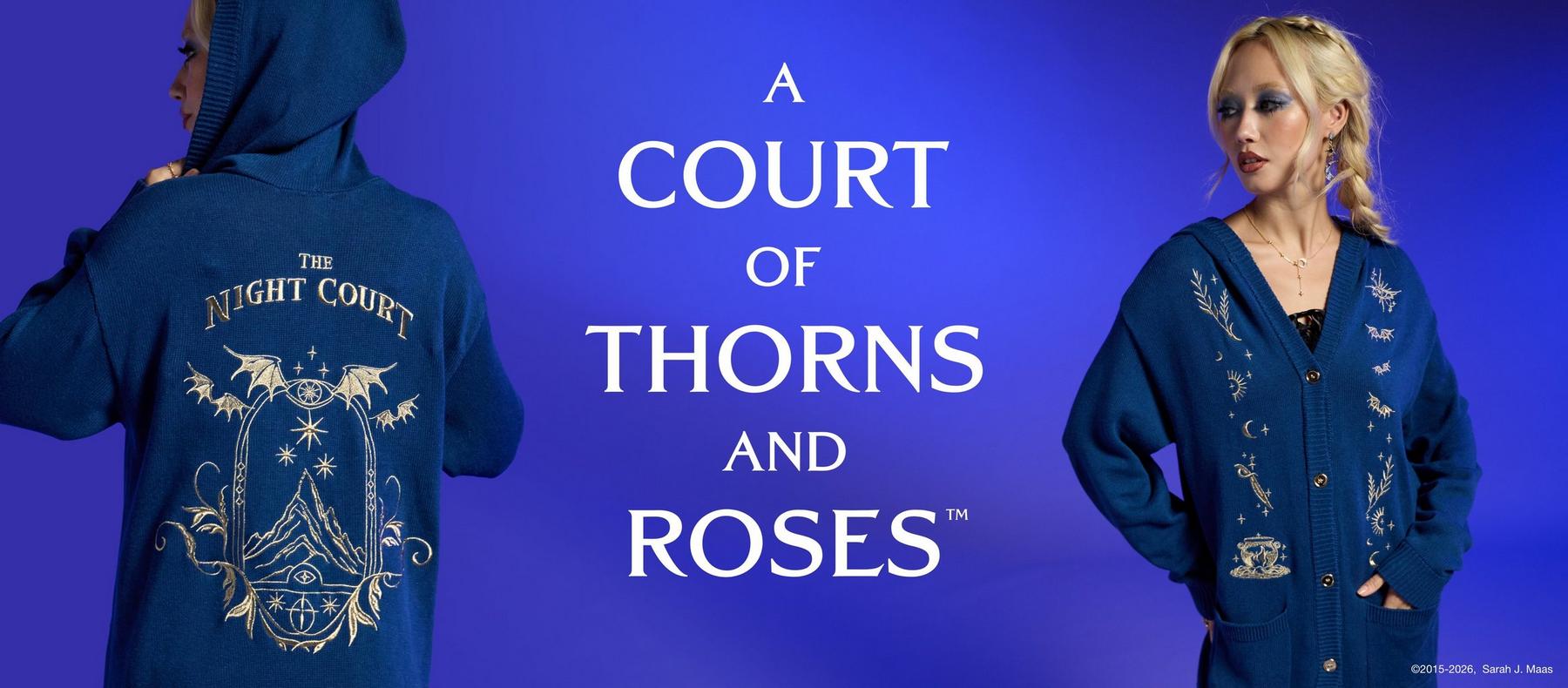 Two models wear A Court of Thorns and Roses knit hoodie and cardigan with Night Court embroidery. Shop A Court of Thorns and Roses.