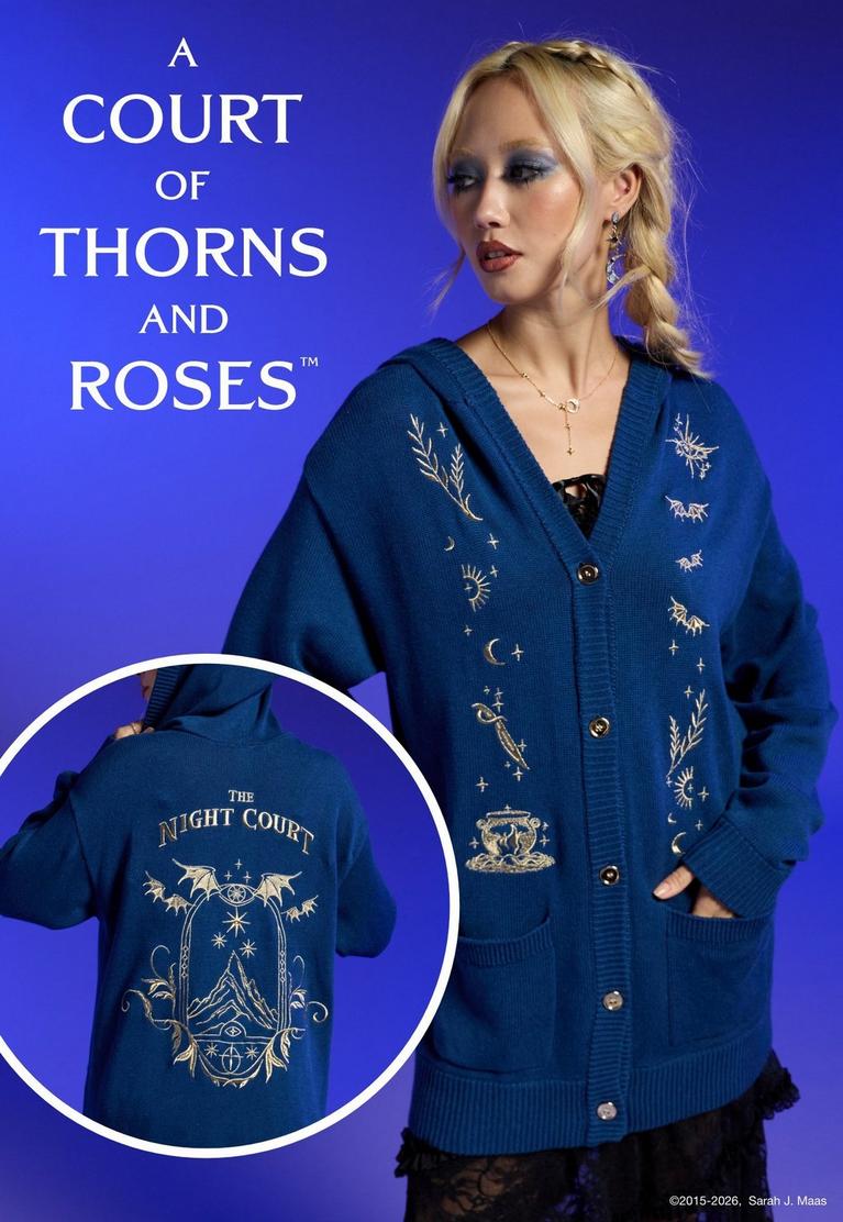 Model wearing blue embroidered cardigan; inset shows back graphic text “The Night Court”. Shop A Court of Thorns & Roses.