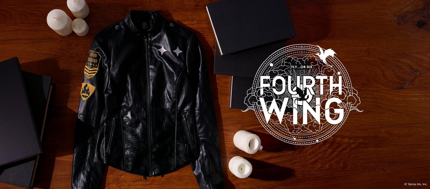 Black leather jacket with Iron Squad patches and stars, beside “Fourth Wing” graphic. Shop Fourth Wing collection.