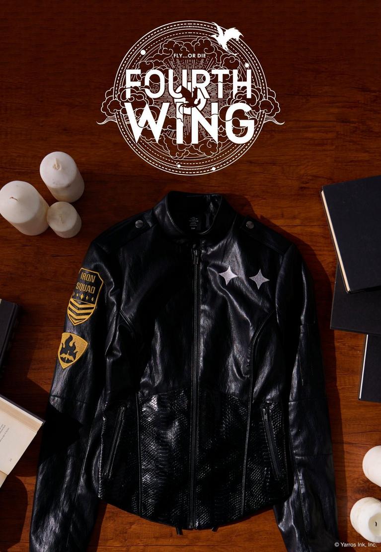 Black leather jacket with patches and star details, shown below “FOURTH WING” graphic text. Shop Fourth Wing collection.