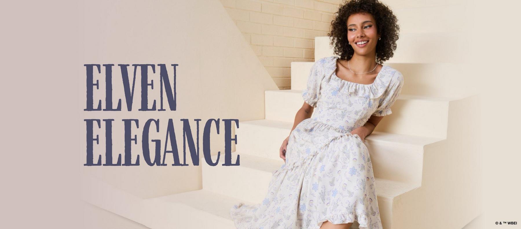Model wearing a floral dress seated on stairs with text "ELVEN ELEGANCE". Shop The Lord of the Rings.