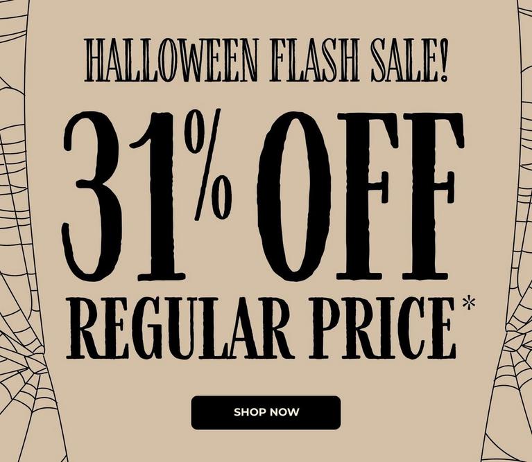 Halloween flash sale graphic reading “31% OFF regular price” with “Shop Now” button.