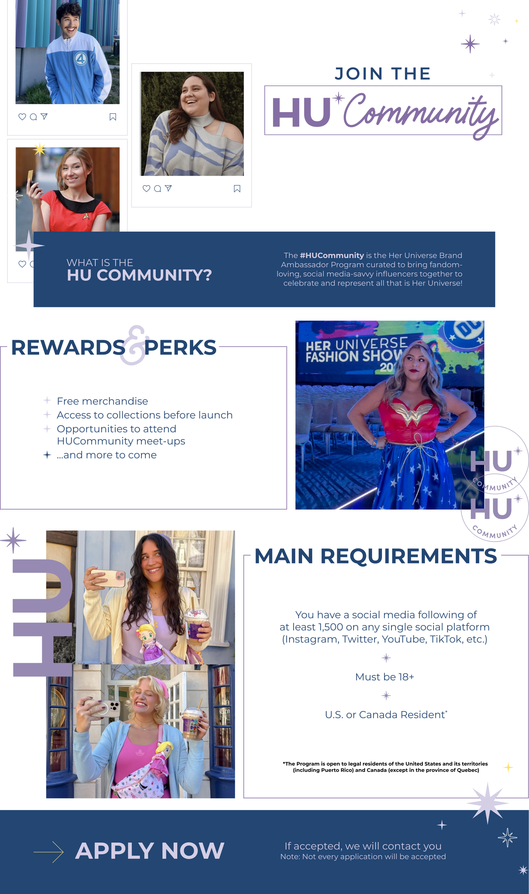 HU Community flyer with influencer photos, rewards and requirements, and “Apply Now” text.