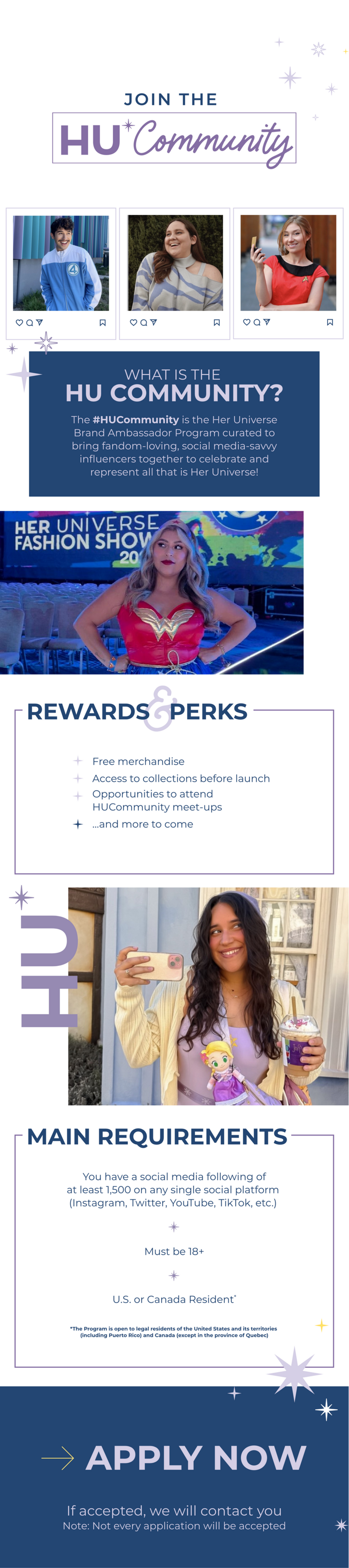 Her Universe “Join the HU Community” infographic with influencer photos, rewards, requirements, and apply now.