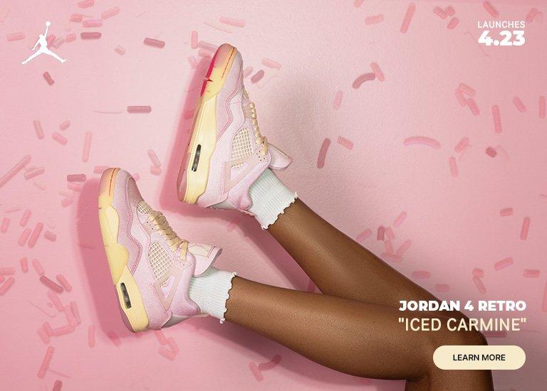 Promotional banner for the Jordan 4 Retro "Iced Carmine" sneakers, showing a person's legs and feet against a pink background with scattered sprinkles.