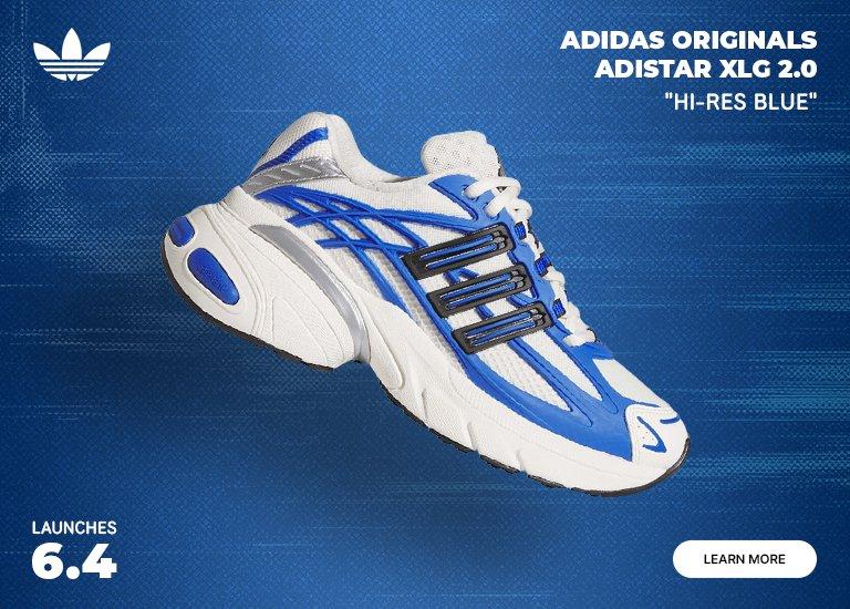 Adidas Originals Adistar XLG 2.0 Hi-Res Blue sneakers shown from multiple angles, launching June 4, with Learn More button.
