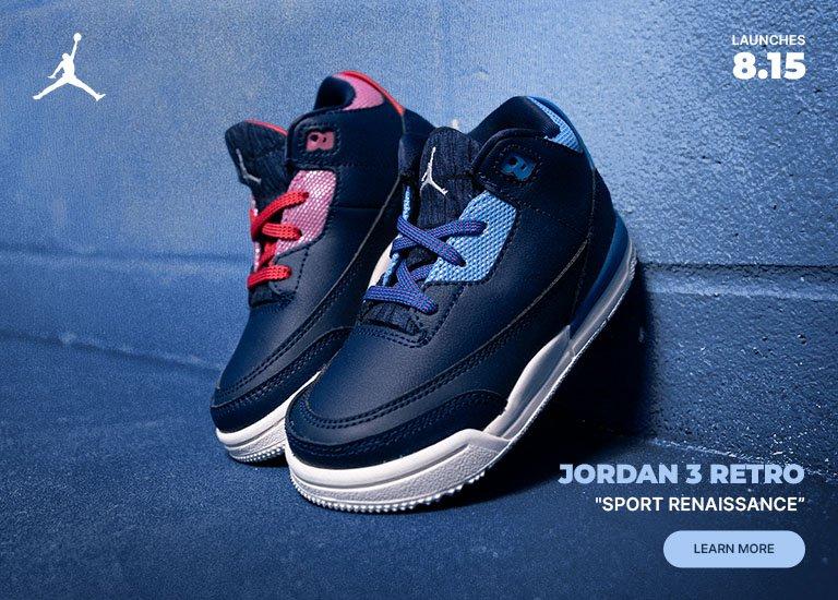 Jordan 3 Retro "Sport Renaissance" kids' sneakers in navy, blue, and red colorway.