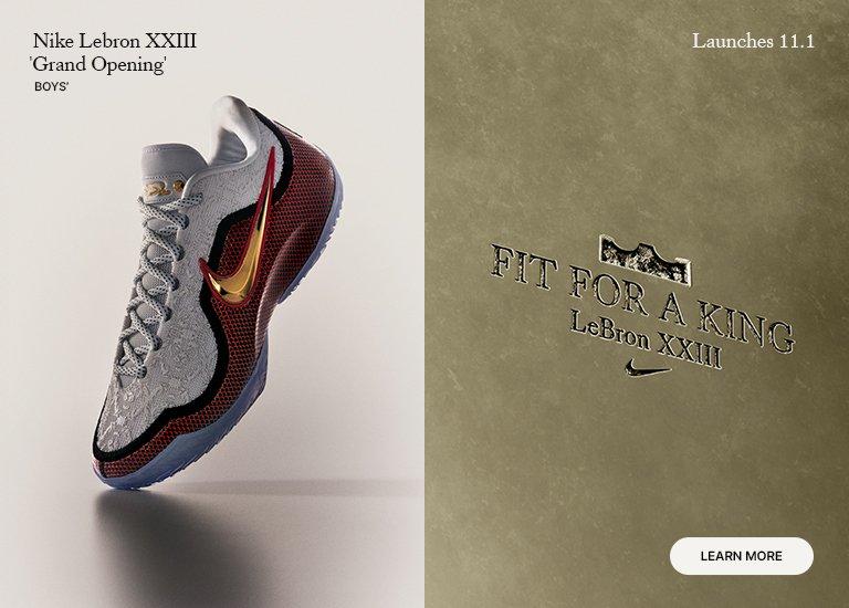 Nike LeBron XXIII 'Grand Opening' Boys' Shoe beside a stylized image with the text "FIT FOR A KING LeBron XXIII."