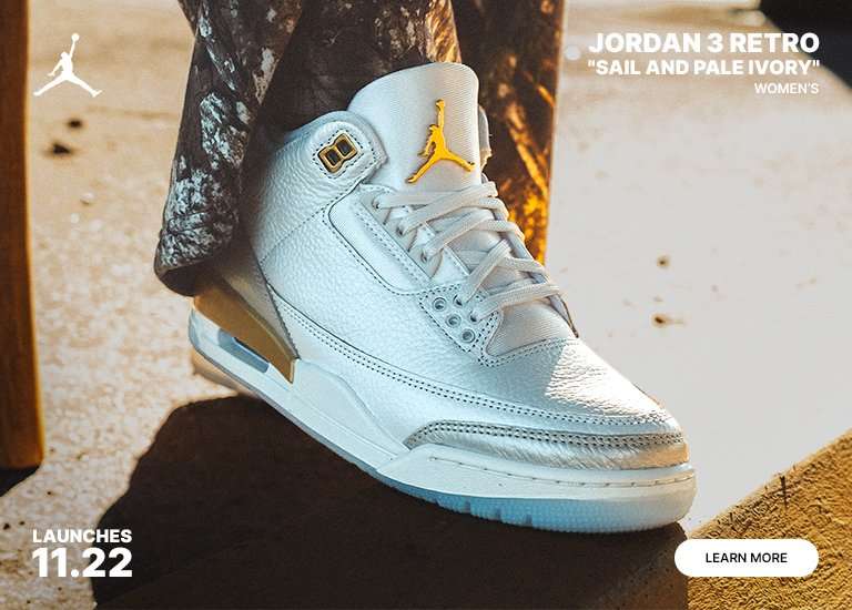 Women's Jordan 3 Retro Sail and Pale Ivory sneaker advertisement. A split image featuring a woman in a full camouflage outfit on the left, and a close-up of the white and gold shoe on the right. Launch date: 11.22.