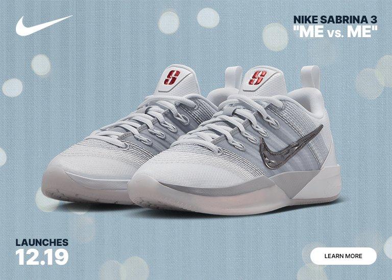Nike Sabrina 3 “Me vs. Me” basketball shoes in light grey, shown with December 19 launch date.