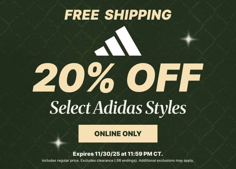 A promotional banner for Adidas offering FREE SHIPPING and 20% OFF Select Adidas Styles. The offer is ONLINE ONLY and expires on 11/30/25 at 11:59 PM CT.