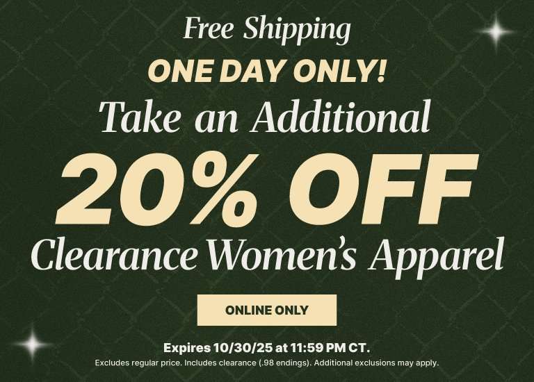 A promotional banner announcing an additional 20% off Clearance Women's Apparel, available online only with free shipping. It's a one-day only offer expiring 10/30/25 at 11:59 PM CT.